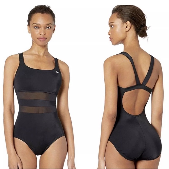 NIKE Women's Mesh Solid Edge V-Back One Piece Swimsuit in Black  NEW - Picture 3 of 3